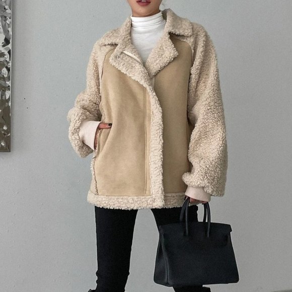 khaki "It coat" zip up faux suede teddy coat contemporary minimalist luxury - Picture 7 of 8